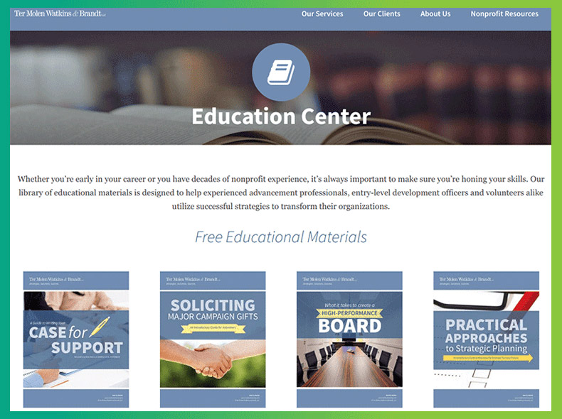 Ter Molen Watkins and Brandt are a nonprofit consulting firm that specializes in capital campaigns and offers free nonprofit resources.