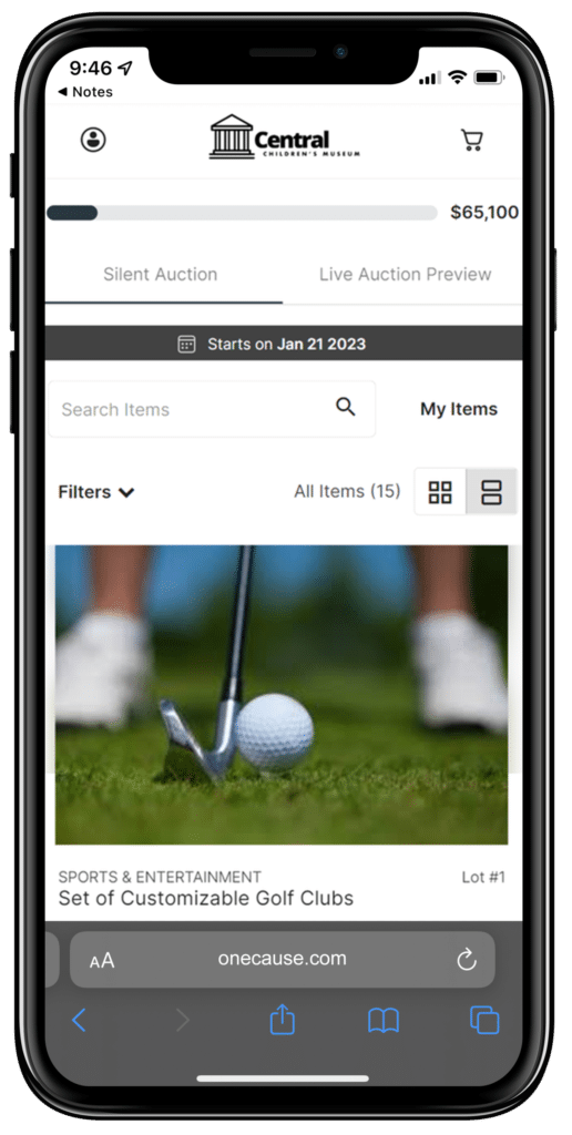 Screenshot of OneCause site on an iPhone of a golf fundraiser page