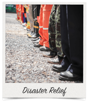 A row of individuals in various uniforms of emergency responders, standing in a line, captioned "Disaster Relief."