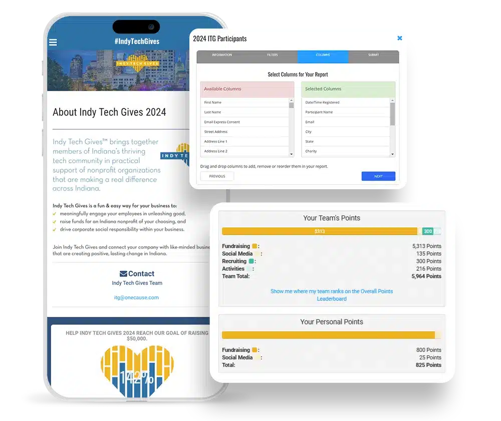 Example of a gamified fundraiser that uses leaderboards and participant dashboards to engage supporters in a team challenge