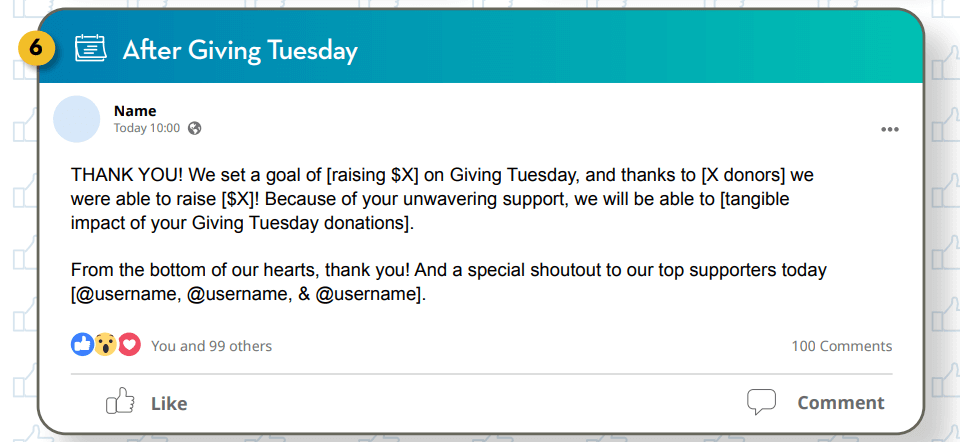 11 Donor Recognition Ideas to Try Now that you know the basics, explore our top donor recognition ideas for nonprofits of all shapes and sizes. Here are our favorite ways to say thanks: 1. Thank-You Email A classic, compelling donation thank-you email is essential to your nonprofit’s fundraising strategy. Immediately after someone gives online, they should receive an automated, personalized email thanking them for their support and reminding them how much of a difference the donation will make to your mission. Remember to use each donor’s preferred name and include a tax receipt for their records. Don’t ask them to do anything else in this email – just say thanks and remind them how they can stay in touch with your organization. 2. Live Recognition at Events When you’re hosting a fundraising event, you’re focused on raising new funds. But that doesn’t mean you can’t also recognize the people who have already made donations. Sit-down events like galas, dinners, and auctions are great venues for publicly acknowledging major or long-time donors. You might thank them in a speech, invite them to speak about their involvement with your mission, or present them with a gift or award. Another option is to plan a smaller party specifically focused on donor appreciation. While this approach certainly requires a bit more time and money to execute, it’s a nice gesture that clearly shows your gratitude. This can go a long way toward securing future donations from your supporters. 3. Personalized Thank-You Letters With the rise of digital marketing, traditional mail and thank-you letters have become more personal, and most of your donors will see a handwritten card as far more meaningful than an automatic thank-you email. Make these letters even more memorable by: Personalizing each message. Address each recipient by name rather than using a generic “Dear Donor.” Take personalization to the next level by handwriting your letters. You can also personalize letters by including specific details about the donor’s contribution, such as the amount donated and which of your initiatives their contribution supported. Segmenting your donors. Use the donor recognition tiers established earlier, or segment them further to better tailor your messages. For example, you might divide your donors based on how long they’ve been with your nonprofit. Then, you could send new donors letters that welcome them to your organization, while your recurring donors get recognized for their long-term support. Sending a little something extra. You can go the extra mile when thanking donors through direct mail. In addition to their letter or card, consider including a bonus item, such as stickers, magnets, keychains, or other small but meaningful gifts. Just keep in mind that not everyone enjoys receiving physical items, so offer donors the option to opt out if they prefer to limit waste. Additionally, make sure your thank-you letter reflects your nonprofit’s brand. This includes adding your logo to your letter and card, along with reaffirming your donor’s impact. Highlight your mission and use visuals that represent your work, such as photographs of your volunteers or constituents. 4. Social Media Shoutout According to Double the Donation’s nonprofit fundraising statistics, social media inspired Millennials and Gen X donors to give more than other marketing channels. For your donor recognition strategy, this means you can effectively honor your donors through social media channels while also encouraging their friends and family to consider giving too. Individual social media shoutouts generally consist of a photograph of a donor and a brief statement about their gift and connection to your nonprofit. Let your donors know when your post is live, so they can share it with their followers, spreading the word about their good deed and your cause at the same time. Or, you can thank all your donors at once with a general shoutout on your social media pages. For instance, this Giving Tuesday thank-you post recognizes everyone who donated on Giving Tuesday and tags a few individuals who made the largest contributions: Alt text: Example donor appreciation post on social media You can also use social media shoutouts as a jumping-off point to continue engaging with your supporters. Comment on, like, and reshare posts your supporters make about your nonprofit to help generate engagement and cultivate your relationships. Plus, some social media websites, such as Facebook, allow your supporters to run fundraisers for your nonprofit, and the right conversations on social media may lead to one hosted on your behalf.