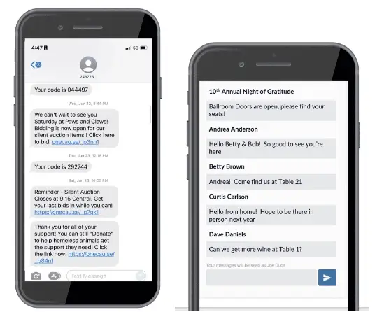 Example text messages and chat screen for a silent auction, including a donor appreciation message