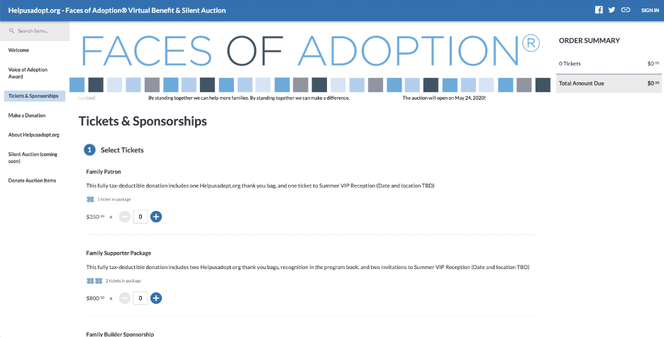 Faces of Adoption Ticketing and Sponsorships (Notice they published before the silent auction was ready to prioritize ticketing!)