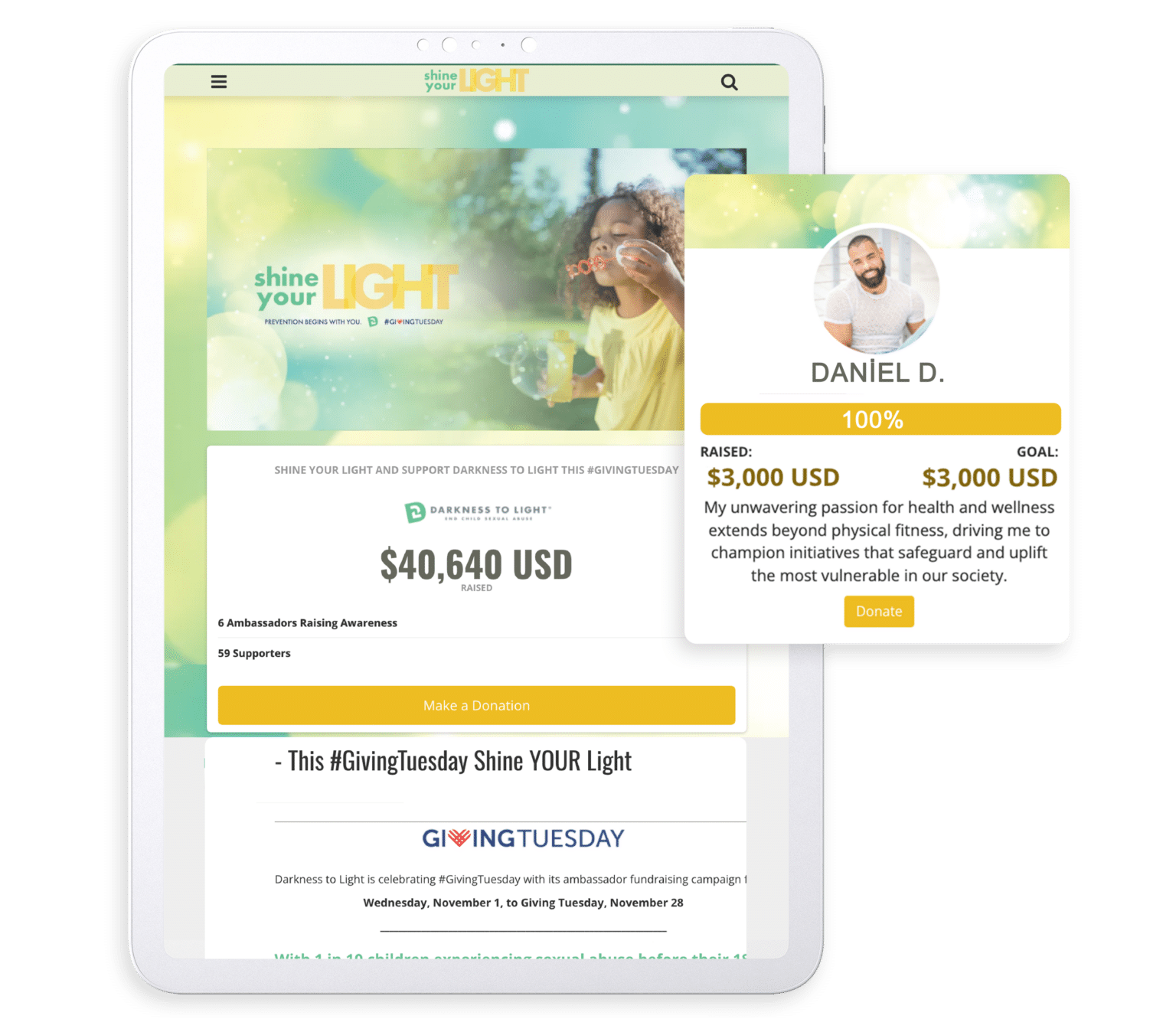 Images of a Giving Tuesday page created via OneCause Peer-to-Peer Fundraising Software.
