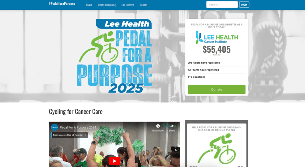 Webpage for Lee Health Cancer Institute’s Pedal for a Purpose online awareness campaign