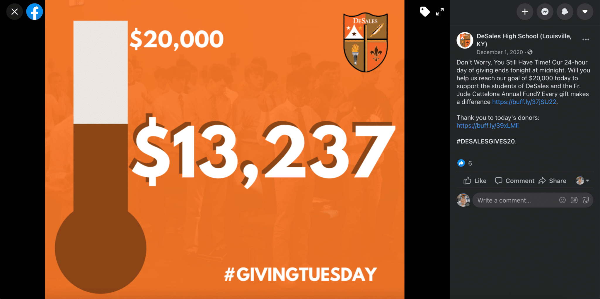 Social media post showing a GivingTuesday fundraising thermometer
