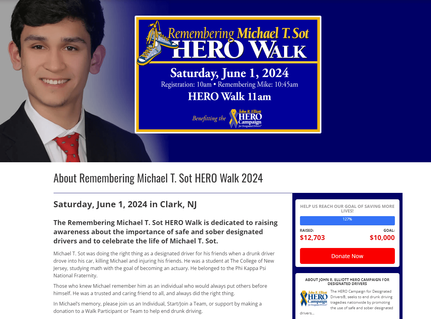 Example memorial fundraising walk-a-thon page
