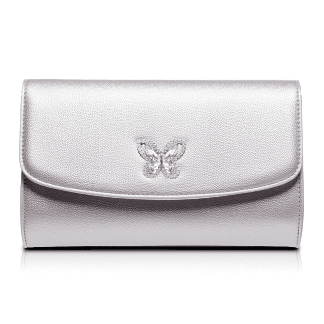 SILVER CLUTCH PURSE WITH BUTTERFLY JEWEL