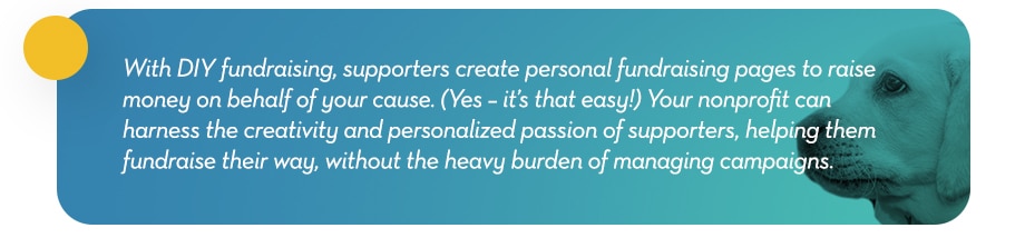 Callout: With DIY fundraising, supporters create personal fundraising pages to raise money on behalf of your cause. (Yes – it’s that easy!) Your nonprofit can harness the creativity and personalized passion of supporters, helping them fundraise their way, without the heavy burden of managing campaigns.