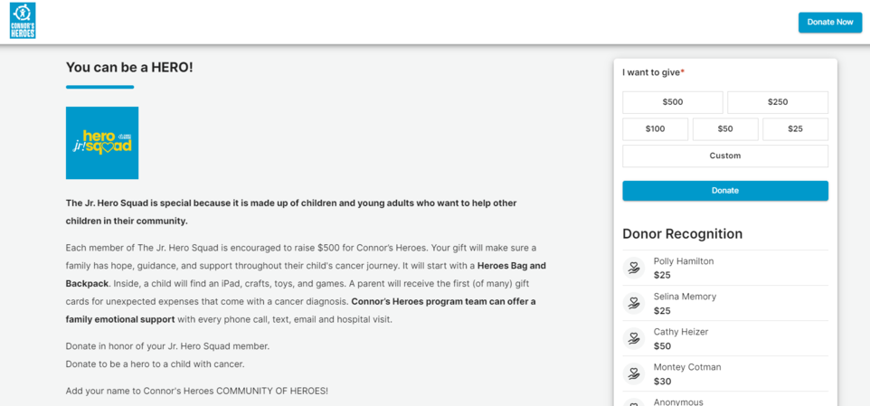 This image shows the donation page for JR Hero Squad.