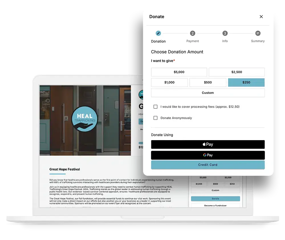 Mockup of a OneCause donation page, featuring multiple ways to give to increase donor acquisition
