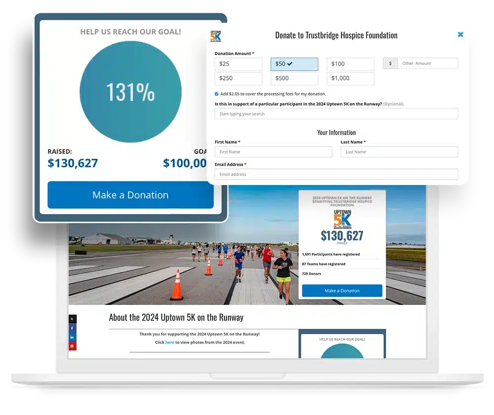 Laptop showing a personal fundraising page for a color run event