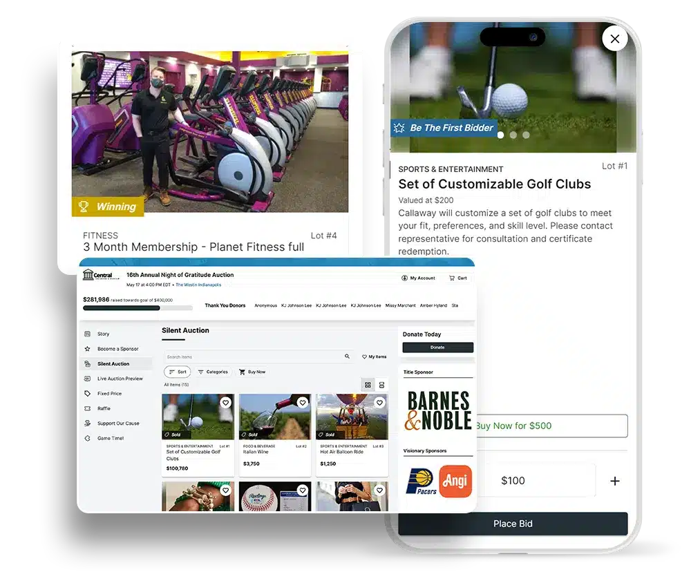 Example OneCaue charity auction catalog with gamification labels, as described in the text above