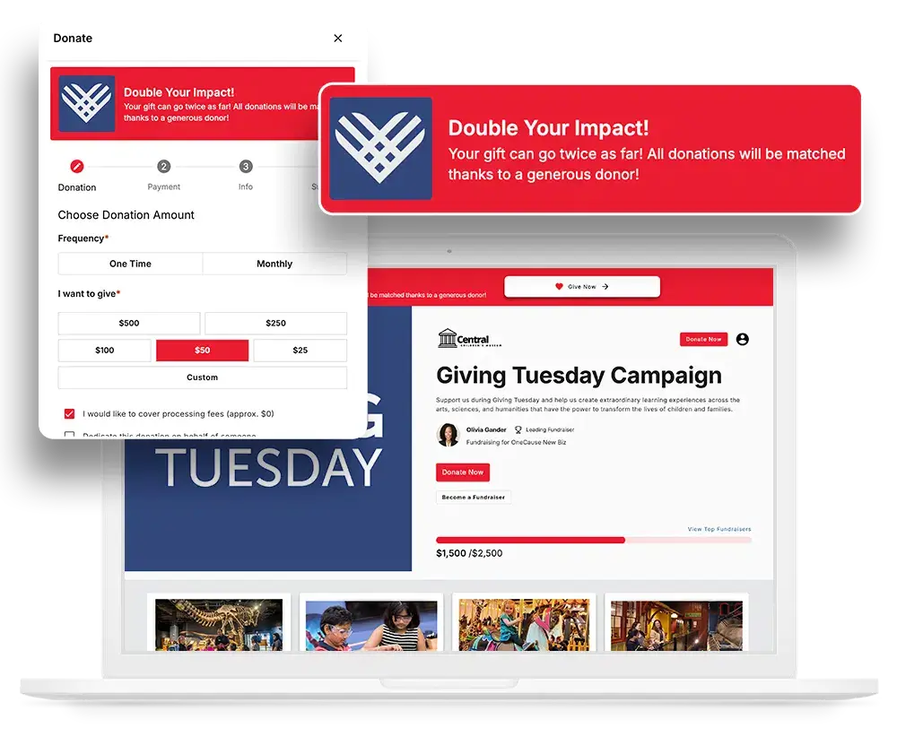 Mockup of the OneCause fundraising platform, an all-in-one solution that helps you maximize year-end giving