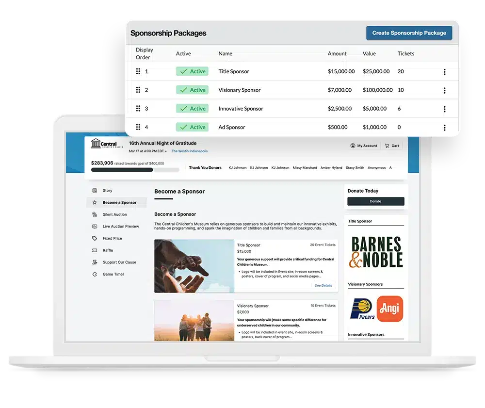 Mockup of the OneCause Fundraising Platform’s corporate sponsorship recognition features