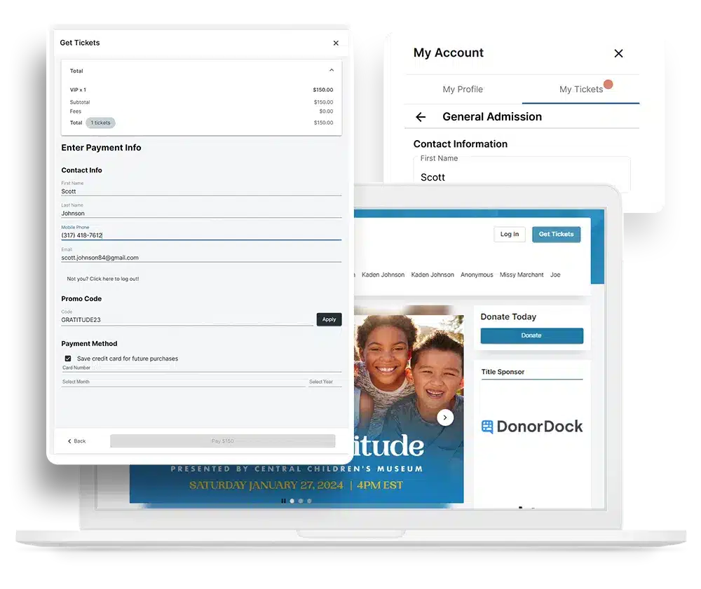 Mockup of the ticketing features within the OneCause fundraising platform