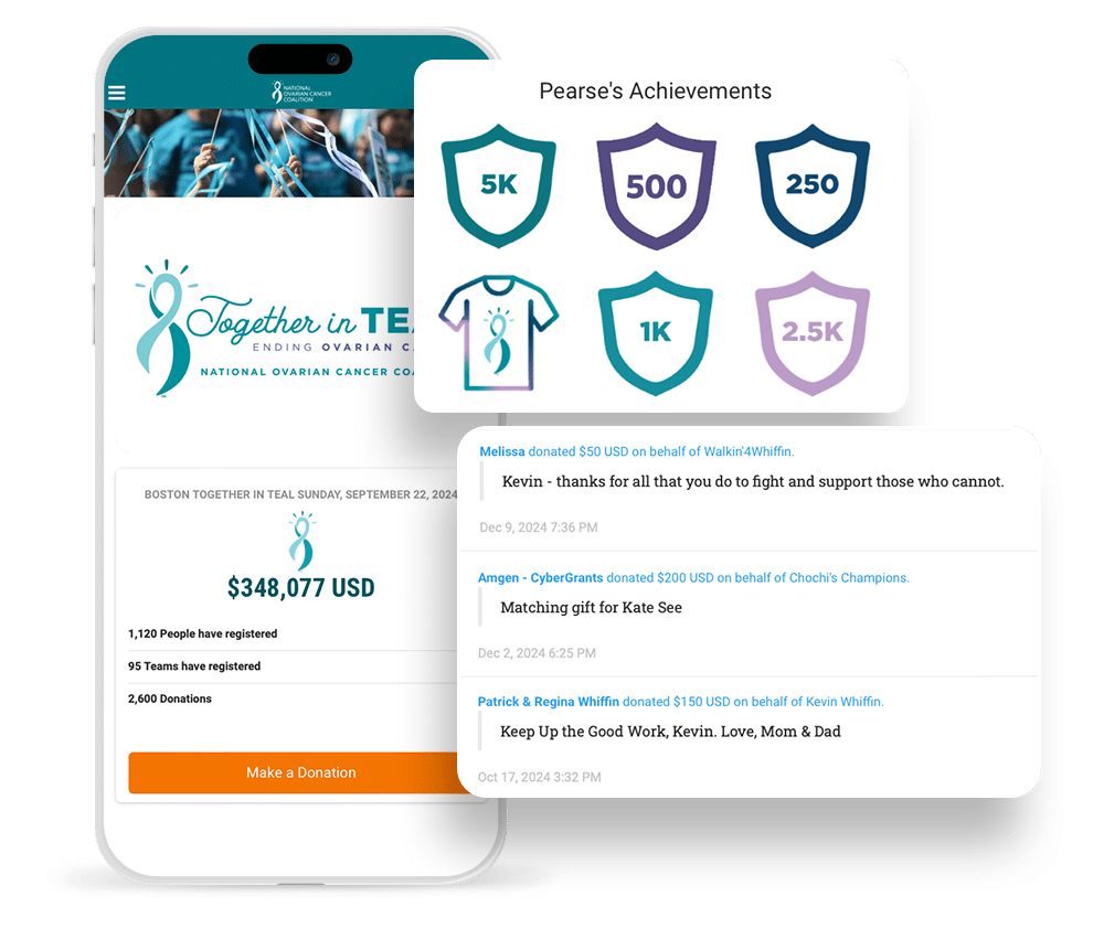 Screenshot of campaign engagement features offered through OneCause peer-to-peer fundraising software