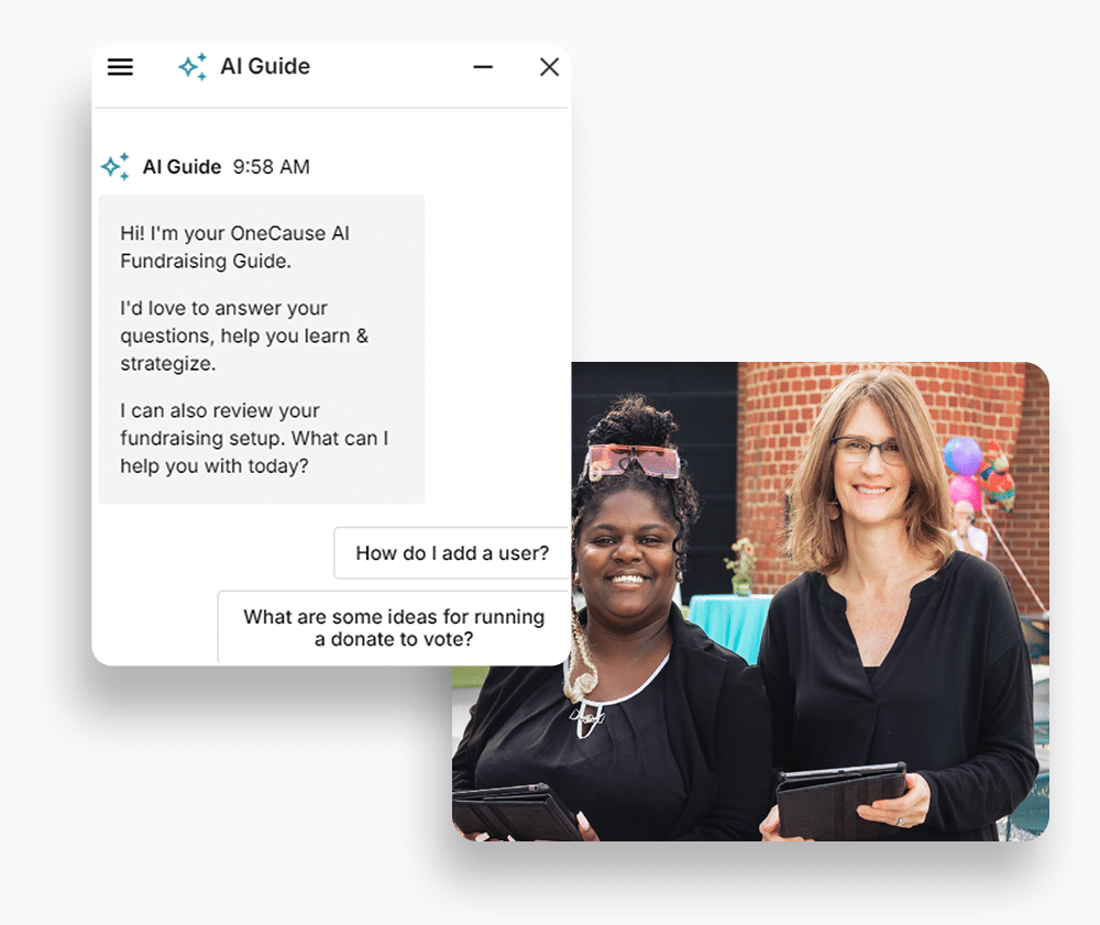 Screenshot of AI Guide, offered by the OneCause Fundraising Platform